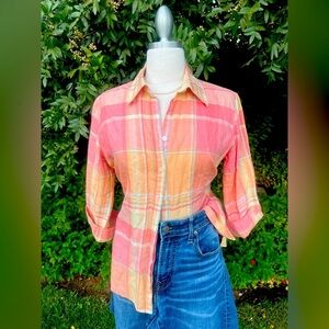 Liz Claiborne 100% linen White and Orange Plaid Button-Down Shirt